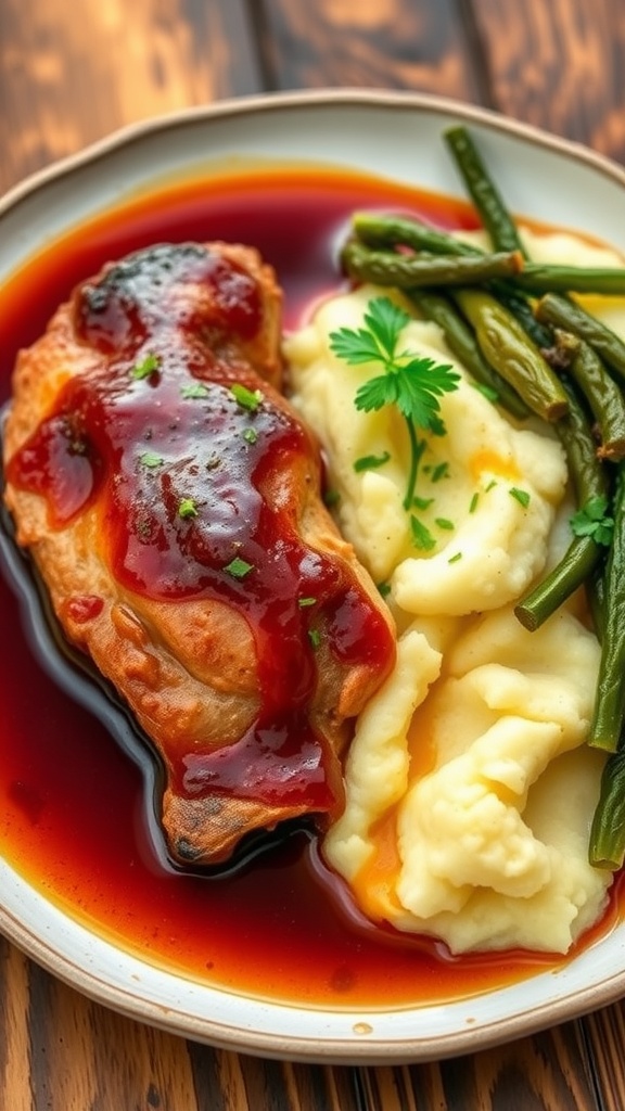 Braised pork jowl served with mashed potatoes and greens, garnished with fresh herbs.